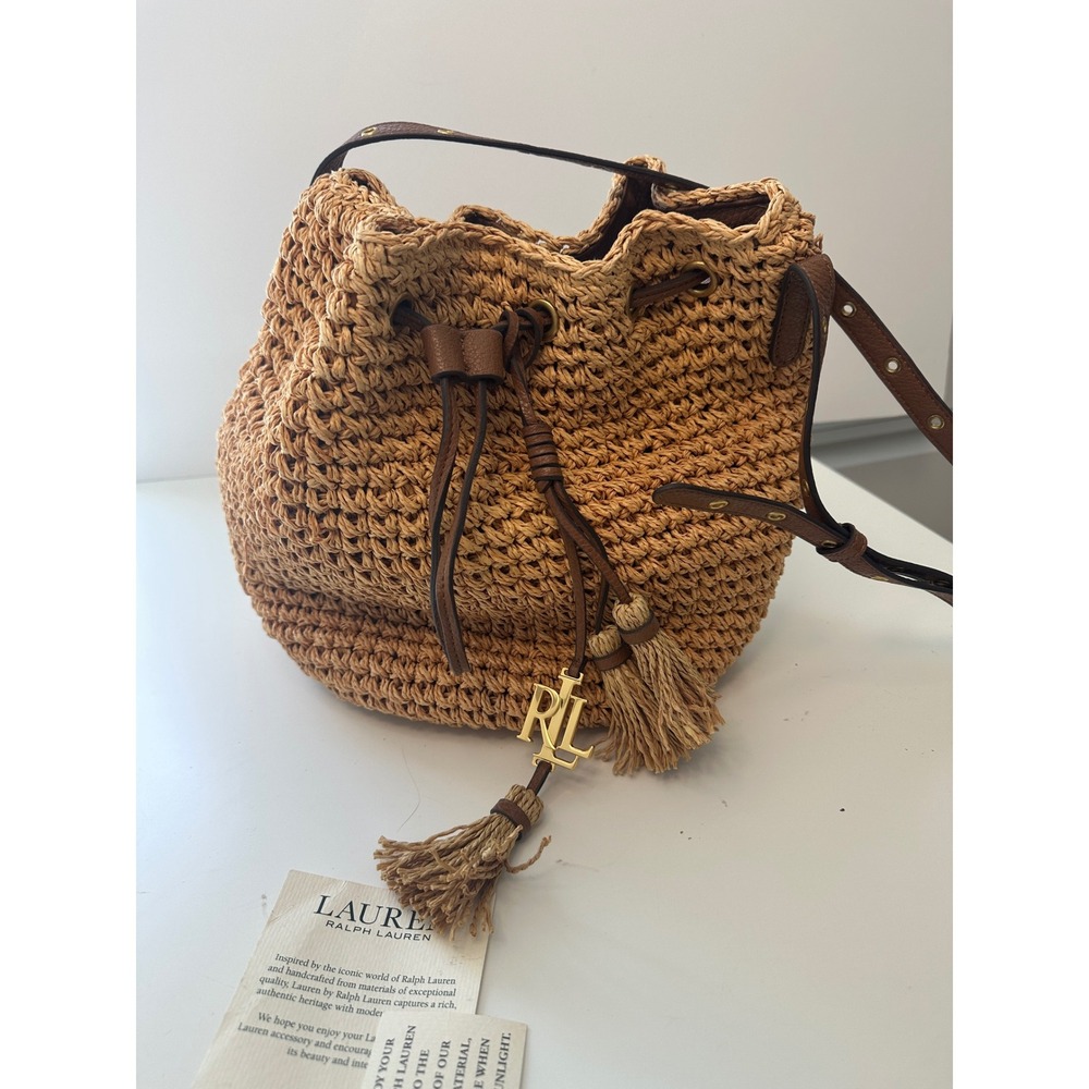 Lauren Ralph Lauren Woven Straw Tote with Brown Leather Trim